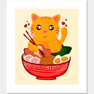 Funny Kawaii Orange Cat Eating Ramen Noodles Posters and Art